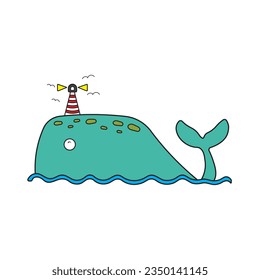 Kids drawing Cartoon Vector illustration whale island icon Isolated on White Background