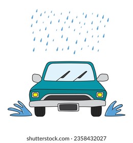 Kids drawing Cartoon Vector illustration car in the rain icon Isolated on White Background