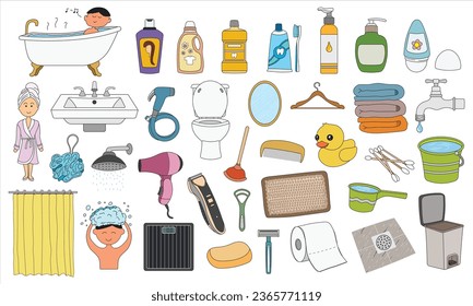 Kids drawing Cartoon Vector illustration Set of bathroom elements icon in doodle style