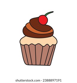 Kids drawing Cartoon Vector illustration chocolate cupcake with cherry on top icon Isolated on White Background