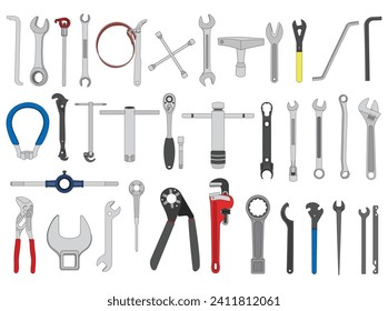 Kids drawing Cartoon Vector illustration Set Different Types Wrench icon Isolated on White Background