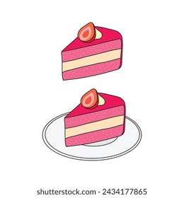 Kids drawing Cartoon Vector illustration cake slice witch cream and strawberry icon Isolated on White Background