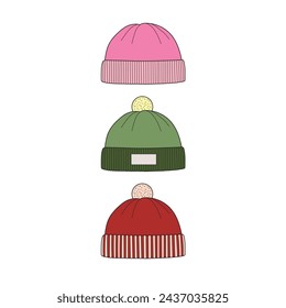 Kids drawing Cartoon Vector illustration different type of beanies Isolated on White Background