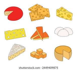 Kids drawing cartoon Vector illustration set of different types cheese icon Isolated on White