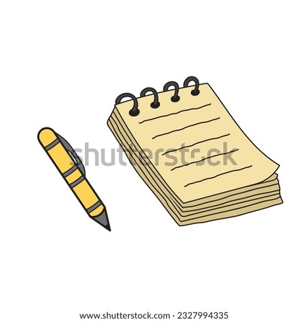 Kids drawing Cartoon Vector illustration notebook and ballpoint pen icon Isolated on White Background