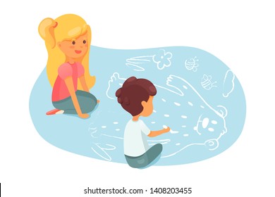 Kids drawing with chalk on asphalt illustration. Little boy making bear sketch on street. Preschoolers create crayon paintings on sidewalk. Cartoon friends, siblings enjoy summer outdoor activities