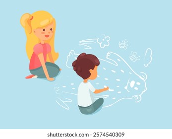 Kids drawing with chalk on asphalt illustration. Little boy making bear sketch on street. Preschoolers create crayon paintings on sidewalk. Cartoon friends, siblings enjoy summer outdoor activities.