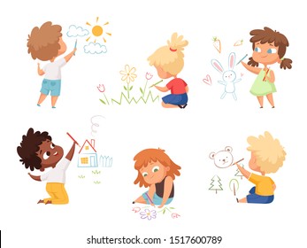 Kids drawing. Children artists educational funny cute childrens boys and girls making different pictures vector characters