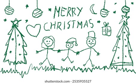 Kids drawing Christmas scene featuring a family holding hands, Christmas trees, ornaments, and a "Merry Christmas" message. Perfect for gift card to Christmas greetings.