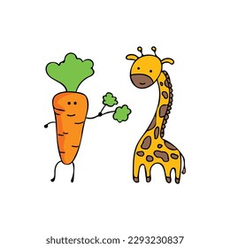 kids drawing Cute giraffe eating big carrot Cartoon animal Mascot Character Vector illustration color children cartoon clipart
