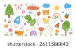 Kids drawing. Doodle simple child illustration. Hand drawn children pencil elements. Sketch chalk flower, sun, cloud, rainbow, animals. Naive crayon print. Vector set.