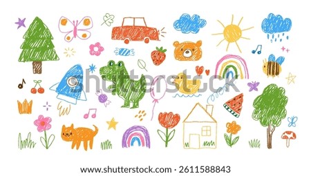 Kids drawing. Doodle simple child illustration. Hand drawn children pencil elements. Sketch chalk flower, sun, cloud, rainbow, animals. Naive crayon print. Vector set.