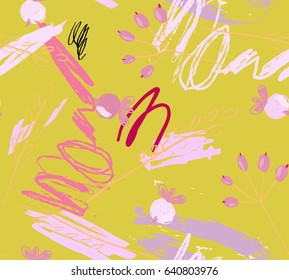 Kids drawing and doodling abstract berries and scribbles.Abstract seamless pattern. Universal bright background for greeting cards, invitations. Had drawn ink and marker watercolor texture.