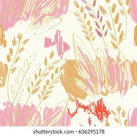 Kids drawing and doodling with marker brush and abstract trees.Abstract seamless pattern. Universal bright background for greeting cards, invitations. Had drawn ink and marker watercolor texture.