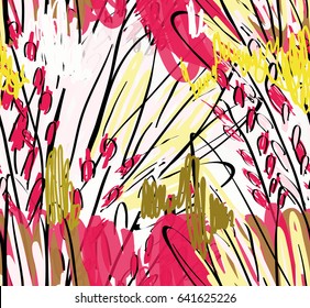 Kids drawing and doodling with marker brush and abstract trees.Abstract seamless pattern. Universal bright background for greeting cards, invitations. Had drawn ink and marker watercolor texture.