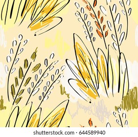 Kids drawing and doodling with marker brush and abstract trees.Abstract seamless pattern. Universal bright background for greeting cards, invitations. Had drawn ink and marker watercolor texture.