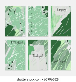 Kids drawing dots circles colorful strokes.  Hand drawn creative invitation or greeting cards template. Anniversary, Birthday, wedding, party, social media banners set of 6. Isolated on layer.