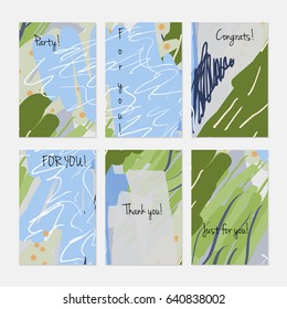 Kids drawing dots circles colorful strokes.Hand drawn creative invitation or greeting cards template. Anniversary, Birthday, wedding, party, social media banners set of 6. Isolated on layer.
