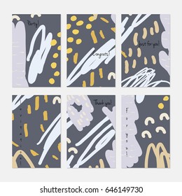 Kids drawing dots circles colorful strokes.Hand drawn creative invitation or greeting cards template. Anniversary, Birthday, wedding, party, social media banners set of 6. Isolated on layer.