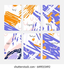 Kids drawing dots circles colorful strokes.Hand drawn creative invitation or greeting cards template. Anniversary, Birthday, wedding, party, social media banners set of 6. Isolated on layer.
