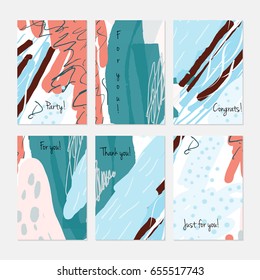Kids drawing dots circles colorful strokes.Hand drawn creative invitation or greeting cards template. Anniversary, Birthday, wedding, party, social media banners set of 6. Isolated on layer.