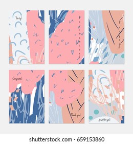 Kids drawing dots circles colorful strokes.Hand drawn creative invitation or greeting cards template. Anniversary, Birthday, wedding, party, social media banners set of 6. Isolated on layer.