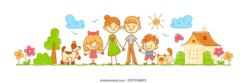 Kids drawing family. Hand drawn cartoon kid crayon illustration with parents, mother, father, son, daughter, pets and house, flowers. Family portrait. Chalk vector set.