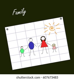 Kids drawing family picture on a blackboard