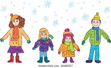 Kids Drawing. Family in the winter