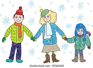 Kids Drawing. Family in the winter: mother, father and son