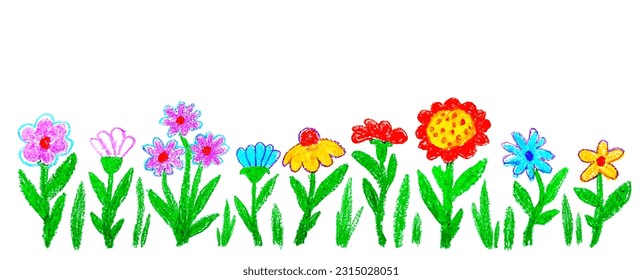 kid's drawing flowers hand drawn illustration with color wax crayons