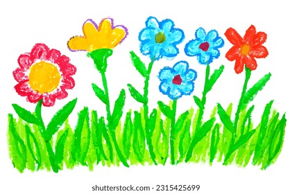 kid's drawing flowers hand drawn illustration with color wax crayons