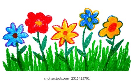 kid's drawing flowers hand drawn illustration with color wax crayons