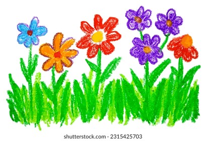 kid's drawing flowers hand drawn illustration with color wax crayons