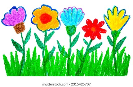 kid's drawing flowers hand drawn illustration with color wax crayons