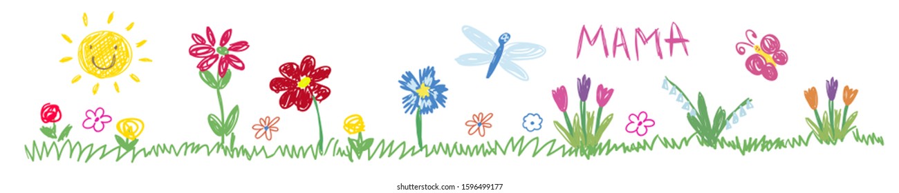 Kids drawing flowers, sun. Multicolored symbols set for kindergarten, school. Children pattern.