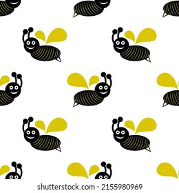 Kids drawing of flying Bee isolated on white background is in Seamless pattern - vector illustration