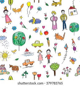 Kids Drawing Funny Seamless Pattern - Cute Vector Illustration