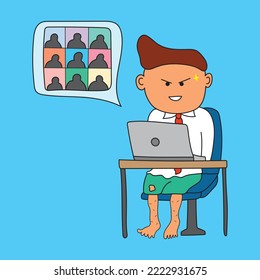 Kids Drawing Funny Vector Illustration Of A Man Work From Home Dress Neatly Only On Top For Online Meeting In A Cartoon Style