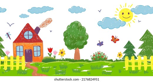 Kids drawing garden. Child crayon pastel picture with home flower and fence. Cloud in sky, little kid paint. Farm family house childish neoteric vector seamless pattern