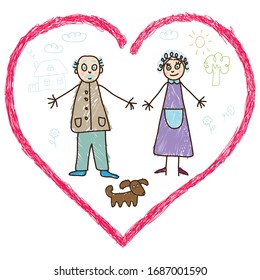 Kids Drawing. Grandparents and their dog in a heart shape