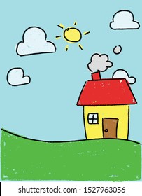 kid's drawing house in a medow sunny day crayon illustration