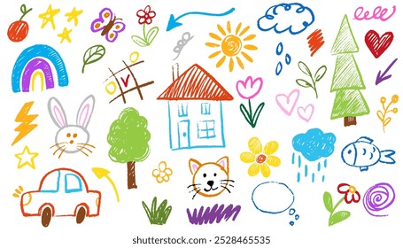 Kids drawing illustration. Collection of cute children's drawings of kids, animals, nature, objects. Hand drawn doodle color pencil naive sketch children cute vector school chalk background. Vector