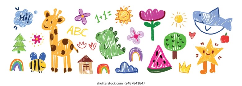 Kids drawing illustration, vector children color pencil naive doodle set, cute cartoon animals. Kindergarten funny wax crayon sketch, giraffe, crocodile, shark, rainbow, flower. Kids drawing clipart