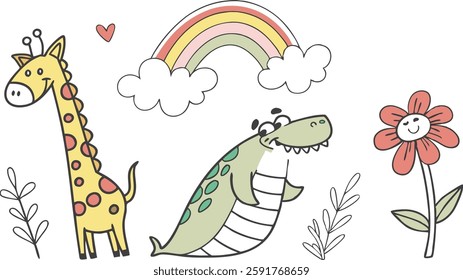 Kids drawing illustration, vector children color doodle set, cute cartoon animals. Kindergarten funny, giraffe, crocodile, rainbow, flower.