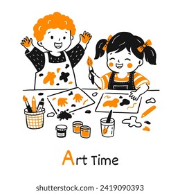 Kids drawing at kindergarten illustration in cartoon doodle style. Cute smiling toddlers boy and girl doing mess with paints. Black orange color on white background.