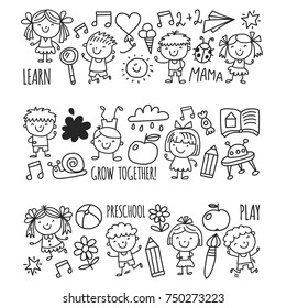 Kids drawing Kindergarten School Happy children play Illustration for kids Nursery Preschool Children icon