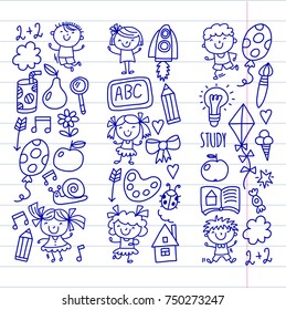 Kids drawing Kindergarten School Happy children play Illustration for kids Nursery Preschool Children icon
