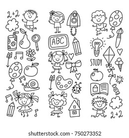Kids drawing Kindergarten School Happy children play Illustration for kids Nursery Preschool Children icon