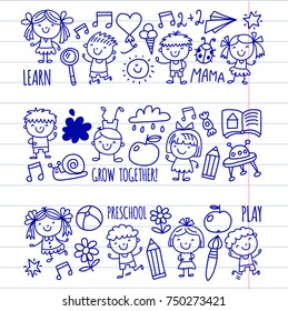 Kids drawing Kindergarten School Happy children play Illustration for kids Nursery Preschool Children icon